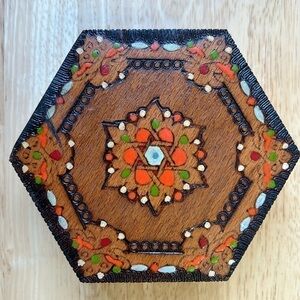 Antique Vintage Wooden Hexagon Hand Painted Box Holder Case Chest 1973